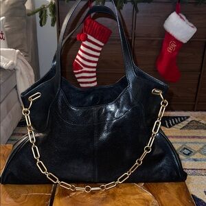 Vince Camuto Black Leather Shoulder Bag with Gold Chain